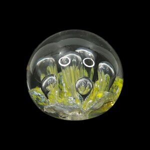 Art Glass Paperweight Controlled Bubbles Vintage Sphere Ball Yellow Floral